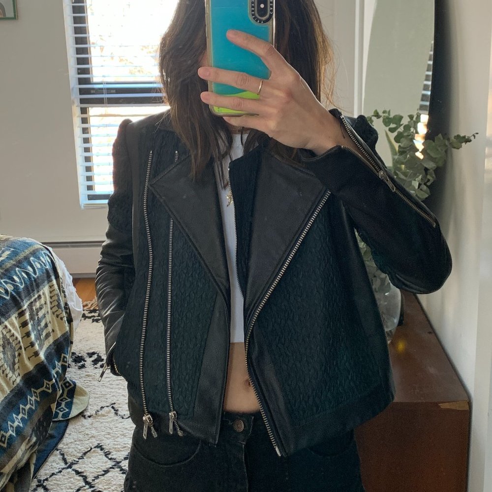 Helmut Lang Mixed Leather/Fabric Biker Jacket, XXS/XS